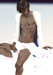  1boy arjuna_(fate/grand_order) arm_support bangs bare_chest bare_legs black_hair cherry_blossoms closed_mouth collarbone commentary_request dark_skin dark_skinned_male expressionless fate/grand_order fate_(series) feet_out_of_frame hair_between_eyes leg_up long_sleeves looking_away looking_down male_focus male_pubic_hair navel open_clothes parted_bangs petals pubic_hair pubic_hair_peek rei_(sanbonzakura) shiny shiny_hair solo toned toned_male wavy_hair 
