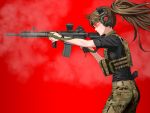  1girl ar-15 brown_hair camouflage ear_protection gun handgun load_bearing_vest original pistol ponytail red_background rifle shirt shooting_glasses solo t-shirt weapon yamamoto_nanashiki 