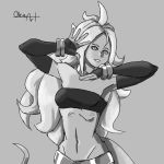  1girl abs android_21 bandeau bracelet choker collarbone crop_top detached_sleeves deviantart_sample dragon_ball dragon_ball_fighterz dragon_ball_super drawn image_sample jewelry jojo_no_kimyou_na_bouken jojo_pose lavender_hair majin_android_21 messy_hair monochrome navel pose smile solo stomach tail teeth 