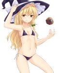  1girl bare_arms bare_shoulders bikini black_bikini blonde_hair bow braid breasts collarbone commentary_request cowboy_shot green_bow hair_bow hand_on_headwear hand_up hat hat_bow kirisame_marisa looking_at_viewer micro_bikini mini-hakkero miyo_(ranthath) navel side-tie_bikini simple_background single_braid small_breasts smile solo standing stomach swimsuit touhou white_background white_bow witch_hat yellow_eyes 