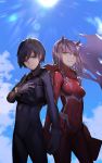  1boy 1girl absurdres bangs black_hair blue_eyes blue_sky bodysuit breasts clouds covered_navel darling_in_the_franxx day fixro2n green_eyes hairband hand_holding highres hiro_(darling_in_the_franxx) horns lens_flare long_hair looking_at_viewer pilot_suit pink_hair red_bodysuit short_hair sky small_breasts smile standing sun white_hairband zero_two_(darling_in_the_franxx) 