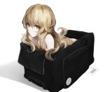  1girl bag barcode black_bag blonde_hair brown_eyes closed_mouth gyup hair_between_eyes in_bag in_container long_hair looking_at_viewer nude original revision shadow simple_background smile solo tareme white_background 