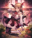  1girl :o artist_request brown_hair cygames earrings eyebrows_visible_through_hair flower frilled_skirt frills hand_to_own_face head_wings high_heels jewelry long_hair looking_at_viewer official_art pointy_ears red_eyes rose shadowverse shingeki_no_bahamut skirt solo thorns vampire vampy 