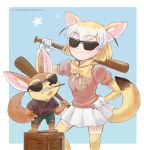  1boy 1girl :3 animal_ears baseball_bat crossover disney fennec_(kemono_friends) finnick_(zootopia) fox_ears fox_tail kemono_friends miniskirt pantyhose ribbon skirt smile tail tragobear trait_connection zootopia 