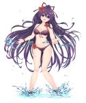  1girl bikini black_ribbon breasts date_a_live flower front-tie_top hair_flower hair_ornament hair_ribbon highres long_hair looking_at_viewer medium_breasts neps-l open_mouth ponytail purple_bikini purple_hair ribbon simple_background smile solo splashing swimsuit very_long_hair violet_eyes white_background yatogami_tooka 