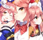  3girls animal_ears apron bell bell_collar blush breasts cat_paws cleavage collar collarbone detached_sleeves fate/grand_order fate_(series) fox_ears gloves japanese_clothes jingle_bell large_breasts long_hair looking_at_viewer maid_headdress masuishi_kinoto multiple_girls one_eye_closed paw_gloves paws pink_hair school_uniform shirt smile tamamo_(fate)_(all) tamamo_cat_(fate) tamamo_jk_(fate) tamamo_no_mae_(fate) twintails yellow_eyes 