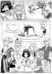  6+girls :3 :d alternate_costume beret bismarck_(kantai_collection) closed_eyes comic cup eating fairy_(kantai_collection) food greyscale hair_between_eyes hair_intakes hairband half_updo hat headband highres holding holding_spoon jervis_(kantai_collection) jintsuu_(kantai_collection) kagerou_(kantai_collection) kantai_collection long_hair mole mole_under_eye mole_under_mouth monochrome multiple_girls munmu-san neckerchief one_eye_closed open_mouth pants pleated_skirt pudding richelieu_(kantai_collection) sailor_collar school_uniform serafuku shirt short_hair short_sleeves sitting skirt smile spoon tanikaze_(kantai_collection) teacup teapot twintails vest warspite_(kantai_collection) 