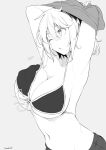  1girl armpits arms_up bangs bikini breasts greyscale hair_between_eyes kichihachi large_breasts monochrome navel one_eye_closed original parted_lips short_hair shorts solo swimsuit undressing upper_body 