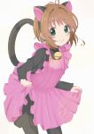  1girl absurdres ahoge animal_ears bell black_dress black_legwear brown_hair card_captor_sakura cat_ears cat_tail dress dress_lift eri_(erikaida) fake_animal_ears green_eyes hairband highres jingle_bell kinomoto_sakura lifted_by_self pantyhose pink_dress short_hair smile solo tail 