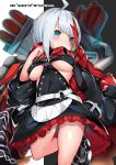  1girl admiral_graf_spee_(azur_lane) ahoge azur_lane bangs black_background black_dress blue_eyes blunt_bangs blush breasts character_name cisyo closed_mouth commentary_request dress eyebrows_visible_through_hair highres large_breasts long_sleeves looking_at_viewer multicolored_hair o-ring redhead scarf silver_hair solo standing standing_on_one_leg streaked_hair torpedo torpedo_launcher two-tone_background under_boob white_background 