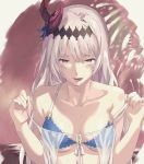  1girl bare_shoulders bikini blush collarbone dark_jeanne drooling feathers granblue_fantasy hair_feathers hairband jeanne_d&#039;arc_(granblue_fantasy) lavender_hair licking_lips long_hair looking_at_viewer nail_polish red_eyes saliva solo sunao_(souis) swimsuit tongue tongue_out wet 