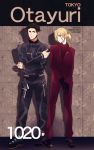  2boys black_eyes black_gloves black_hair blazer blonde_hair collared_shirt english full_body gloves green_eyes highres hory_makoto jacket male_focus multiple_boys otabek_altin ponytail shirt smile undercut yuri!!!_on_ice yuri_plisetsky 