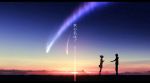  1boy 1girl clouds comet commentary diffraction_spikes highres kijineko kimi_no_na_wa miyamizu_mitsuha night night_sky scenery silhouette sky star_(sky) starry_sky tachibana_taki twilight 
