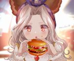  1girl :o animal_ears artist_request bangs blush brooch cat_ears eating erune food granblue_fantasy hair_intakes hamburger head_scarf holding jewelry long_hair long_sleeves myusha open_mouth parted_bangs red_eyes scathacha_(granblue_fantasy) signature silver_hair solo upper_body 