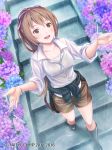  1girl :d black_footwear breasts brown_eyes brown_hair brown_shorts clothes_around_waist dated flower from_above hair_ribbon highres hydrangea ilog long_hair looking_at_viewer medium_breasts official_art open_mouth purple_ribbon rain ribbon shirt shorts smile solo stairs standing uchida_masahiro very_long_hair watermark wet white_shirt 