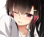  1girl bangs black_hair blush collarbone eyebrows_visible_through_hair eyelashes eyes_visible_through_hair facing_viewer hair_between_eyes hair_ornament hair_tubes hairclip hakurei_reimu japanese_clothes kimono looking_away nose one_eye_closed open_mouth parted_lips ponytail red_eyes sidelocks simple_background solo tongue touhou toyosaki_shu upper_body white_background white_kimono yukata 