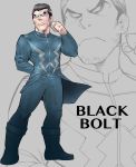  1boy beard black_bolt_(marvel) blue_eyes bodysuit boots brown_hair character_name facial_hair glowing glowing_eyes grey_background highres jewelry male_focus marvel nakasone_god ring solo 