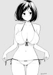  1girl bikini bikini_top blush breasts commentary_request greyscale kichihachi monochrome navel original short_hair side-tie_bikini solo swimsuit 