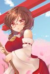  1girl ascot bare_shoulders blue_sky blurry breasts broom brown_hair cherry_blossoms clouds cloudy_sky commentary_request cosplay cowboy_shot day depth_of_field detached_sleeves erect_nipples eyebrows_visible_through_hair glasses hakurei_reimu hakurei_reimu_(cosplay) highres holding holding_broom looking_at_viewer low_twintails medium_breasts miyajima_(anthem-anthem) open_mouth outdoors parted_lips petals red-framed_eyewear red_shirt red_skirt shirt short_hair skirt sky solo torii touhou twintails usami_sumireko yellow_eyes yellow_neckwear 