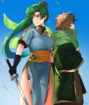  1boy 1girl earrings fingerless_gloves fire_emblem fire_emblem:_rekka_no_ken gloves green_eyes green_hair high_ponytail jewelry long_hair looking_at_viewer lyndis_(fire_emblem) ormille ponytail side_slit smile tactician_(fire_emblem) 