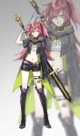  1girl asymmetrical_sleeves belt black_choker black_footwear black_jacket boots choker commentary_request contrapposto dagger dual_wielding green_eyes grey_background highres holding holding_dagger holding_sword holding_weapon jacket kangetsu_(fhalei) knee_boots legs_apart long_sleeves looking_at_viewer o-ring one_side_up original redhead reverse_grip short_shorts shorts smile solo standing sword weapon weapon_on_back zoom_layer 