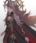  1girl armor cape cleavage_cutout commentary_request crown elbow_sleeve fire_emblem fire_emblem_heroes gloves grey_hair hair_ornament kyufe long_hair red_eyes solo veronica_(fire_emblem) 