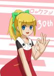  1girl 2578221183 anniversary bangs blonde_hair blue_eyes blunt_bangs blush bow capcom child copyright_name dress eyebrows_visible_through_hair fringe green_bow hair_bow hair_ornament hand_gesture highres long_hair looking_at_viewer looking_to_the_side open_mouth rockman rockman_11 roll sidelocks simple_background smile solo teeth text 