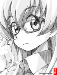  1girl artist_name carpaccio closed_mouth coupy_pencil_(medium) eyebrows_visible_through_hair girls_und_panzer glasses gofu long_hair looking_to_the_side monochrome sketch solo traditional_media upper_body watermark web_address 