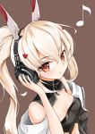  1girl absurdres adjusting_headphones ayanami_(azur_lane) azur_lane breasts brown_eyes cleavage commentary_request from_above hand_on_headphones headphones highres limitlimlim long_hair looking_at_viewer looking_up musical_note parted_lips ponytail remodel_(kantai_collection) silver_hair simple_background solo 
