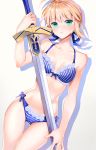  1girl ahoge artoria_pendragon_(all) blonde_hair blue_bow bow bow_bra bow_panties bra breasts excalibur eyebrows_visible_through_hair fate/stay_night fate_(series) green_eyes hair_between_eyes highres holding holding_sword holding_weapon horizontal-striped_panties looking_at_viewer medium_breasts panties saber short_hair striped sword underwear vertical-striped_bra vertical_stripes weapon ycco_(estrella) 