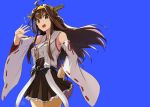  1girl ahoge artist_name bare_shoulders blue_background breasts brown_eyes brown_hair hair_between_eyes hand_on_hip kantai_collection kongou_(kantai_collection) long_hair looking_at_viewer medium_breasts nontraditional_miko skirt smile solo tea_(nakenashi) wide_sleeves 