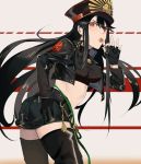  1girl belt black_hair black_jacket black_legwear boots breasts candy family_crest fate/grand_order fate_(series) fingerless_gloves food gloves hand_on_hip jacket leather leather_jacket lollipop long_hair looking_at_viewer marchab_66 midriff nail_polish oda_nobunaga_(fate) oda_uri pink_nails red_eyes short_shorts shorts solo sports_bra studded_jacket thigh-highs thigh_boots very_long_hair 