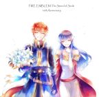  1boy 1girl anniversary bare_shoulders blue_eyes blue_hair blush cape couple dress fire_emblem fire_emblem:_fuuin_no_tsurugi fire_emblem:_rekka_no_ken gloves hair_ornament hat headband hetero kuzumosu lilina long_hair looking_at_viewer open_mouth redhead roy_(fire_emblem) short_hair simple_background smile 