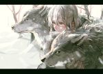  1girl animal bare_tree breath closed_mouth cold day from_side grey_hair hair_between_eyes highres letterboxed medium_hair orange_eyes original outdoors silver_hair simple_background smoke snow sonomura tree winter_clothes wolf yellow_eyes 