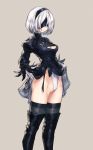  1girl black_dress blindfold boots breasts cleavage cleavage_cutout dress feather-trimmed_sleeves groin hairband highres jiyu2 leotard medium_breasts mole mole_under_mouth nier_(series) nier_automata silver_hair skirt skirt_lift thigh-highs thigh_boots yorha_no._2_type_b 