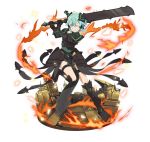  1girl ;) ahoge aqua_eyes aqua_hair armor black_footwear boots faux_figurine fire full_body gauntlets green_leotard hair_between_eyes hair_ornament hairclip holding holding_weapon knee_boots leotard looking_at_viewer one_eye_closed one_leg_raised shinon_(sao-alo) short_hair sidelocks simple_background smile solo spaulders sword sword_art_online thigh_strap weapon white_background 