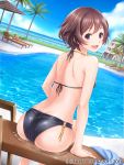  1girl :d ass back bare_shoulders beach_chair bikini black_bikini blue_sky brown_eyes brown_hair building chair dated dutch_angle fence highres ilog looking_back official_art open_mouth outdoors palm_tree pool short_hair sitting sky smile solo swimsuit towel tree uchida_masahiro watermark wet 