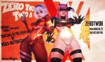  2girls absurdres blindfold blindfold_lift bodysuit breasts character_name cosplay costume_switch crossover darling_in_the_franxx erect_nipples gluteal_fold highres horns leotard looking_at_viewer monori_rogue multiple_girls nier_(series) nier_automata ok_sign pilot_suit pink_hair silver_hair thigh-highs thigh_gap v yorha_no._2_type_b zero_two_(darling_in_the_franxx) 