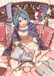  1girl :d barefoot blue_eyes blue_hair book cape commentary_request copyright_request crown dog dress eyebrows_visible_through_hair fingernails holding long_sleeves magic on_bed open_book open_mouth pillow short_hair sitting smile solo sonomura wand wariza yellow_dress 