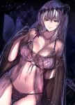  1girl bangs bikini breasts cafe_au_lait_(kafeore) cleavage closed_mouth collarbone commentary_request dark_jeanne dutch_angle feathers flower frilled_bikini frills granblue_fantasy grey_hair groin hair_feathers hair_flower hair_ornament jeanne_d&#039;arc_(granblue_fantasy) large_breasts long_hair looking_at_viewer navel red_eyes see-through smile solo standing swimsuit 
