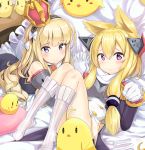  2girls absurdres animal_ears azur_lane bangs bare_shoulders bed_sheet bird black_dress black_hairband black_jacket blonde_hair blush blush_stickers bow breasts closed_mouth commentary convenient_censoring crown detached_sleeves dress eyebrows_visible_through_hair frilled_pillow frills gloves hair_between_eyes hair_bow hairband hand_holding hand_up hands_up headgear highres interlocked_fingers jacket kneehighs long_hair long_sleeves looking_at_viewer lying medium_breasts mini_crown multiple_girls no_shoes ohshit on_back on_stomach pillow queen_elizabeth_(azur_lane) scarf smile striped_hairband thighs very_long_hair violet_eyes warspite_(azur_lane) white_bow white_gloves white_legwear white_scarf 
