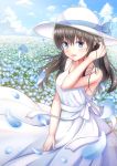  aiban blue_bow blue_eyes blue_flower blue_sky bow breasts brown_hair clouds collarbone day dress field flower flower_field hand_in_hair hand_up hat hat_bow highres idolmaster idolmaster_cinderella_girls looking_at_viewer medium_breasts outdoors petals sagisawa_fumika sitting sky sun_hat white_dress white_hat 