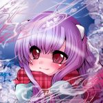  1girl bangs blue_jacket blue_mittens blush closed_mouth commentary_request eyebrows_visible_through_hair fur-trimmed_mittens fur_trim hair_between_eyes jacket long_hair looking_away looking_to_the_side magic_circle mittens muuran original plaid plaid_scarf purple_hair red_eyes red_scarf scarf smile solo unmoving_pattern 