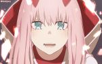  1girl :d aqua_eyes close-up darling_in_the_franxx dirty_face face fire flame happy_tears highres horns long_hair looking_at_viewer no_hairband open_mouth pink_hair portrait smile solo tearing_up tears teeth texus tsurime twitter_username zero_two_(darling_in_the_franxx) 