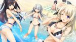  1boy 4girls :d ;d amatori_sumire ass beach bikini black_bow blonde_hair bow breasts brown_hair cleavage day floating_hair frilled_bikini frills fushimi_tomoe game_cg green_eyes hair_bow hair_ornament highres jewelry kanekiyo_miwa large_breasts leg_hug long_hair medium_breasts mizusaki_tsukino multiple_girls navel necklace one_eye_closed open_mouth outdoors short_hair sideboob silver_hair sitting smile standing striped striped_bikini swimsuit takase_konoha twitter_username violet_eyes wading water white_bikini yurameku_kokoro_ni_michita_sekai_de_kimi_no_yume_to_yokubou_wa_kanau_ka 