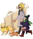  1boy 1girl absurdres black_pants black_sclera blonde_hair blue_eyes blue_scarf boku_no_hero_academia boots brown_eyes brown_footwear coat collar commentary diathadevil dog dog_collar dog_walking golden_retriever green_eyes green_hair green_scarf grin hand_holding highres jacket jewelry midoriya_inko open_mouth pants pink_vest purple_jacket red_footwear ring scarf shoes simple_background smile tongue tongue_out twitter_username two_side_up vest walking welsh_corgi yagi_toshinori yellow_vest 