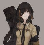  1girl bangs black_hair blonde_hair braid brown_eyes eyepatch girls_frontline headphones headphones_around_neck highres jacket ki_lllorz long_hair looking_at_viewer m16a1_(girls_frontline) mole mole_under_eye multicolored_hair necktie scar scar_across_eye shirt simple_background solo streaked_hair weapon_bag 