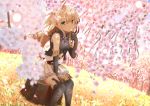  1girl absurdres arisa_(shadowverse) bangs black_footwear black_gloves black_legwear black_shirt blonde_hair blurry blurry_foreground blush boots breasts commentary_request covered_mouth day depth_of_field dutch_angle elbow_gloves elf eyebrows_visible_through_hair flower gloves green_eyes hair_between_eyes head_tilt highres holding holding_flower long_hair looking_at_viewer outdoors pink_flower pleated_skirt pointy_ears shadowverse shibakame shirt sitting skirt sleeveless sleeveless_shirt small_breasts solo thigh-highs thigh_boots tree_stump very_long_hair white_skirt 