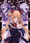  1girl animal bangs black_dress blonde_hair blush bow brown_eyes bug butterfly commentary_request double_bun dress eyebrows_visible_through_hair flower hair_bow head_tilt highres insect long_hair long_sleeves looking_at_viewer luna_(shadowverse) object_hug osanai parted_lips pink_flower red_neckwear shadowverse side_bun sidelocks skull solo stuffed_animal stuffed_toy tree_branch twintails very_long_hair 