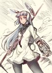  1girl black_gloves black_legwear dress fingerless_gloves gloves headgear kantai_collection long_hair looking_at_viewer murakumo_(kantai_collection) necktie pantyhose polearm red_eyes red_neckwear sailor_dress silver_hair sketch smile solo spear thighband_pantyhose toritora weapon 